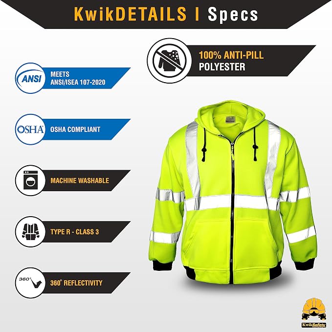 KwikSafety - Charlotte, NC - Men's Fleece Safety Hoodie | PPE Hi Vis Lightweight Reflective Jacket