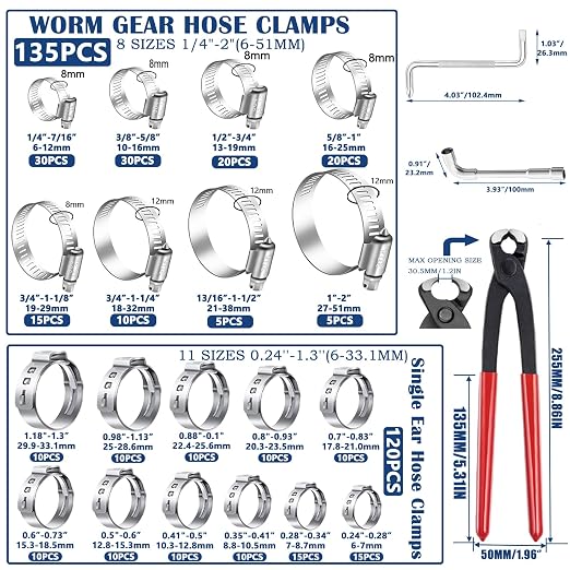 255PCS Hose Clamp Assortment 304 Stainless Steel Hose Clamp Kit,8 Sizes 1/4"-2"(6-51mm) Worm Gear Hose Clamps and 11 Sizes 0.24''-1.3''(6-33.1mm) Single Ear Hose Clamps Kit for Pipe Hose