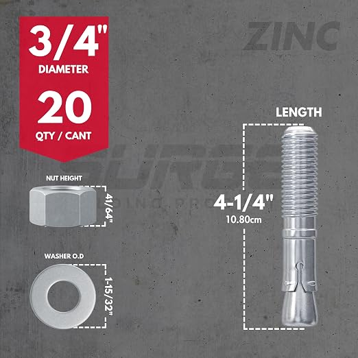 3/4" x 4-1/4" Zinc-Plated Wedge Anchors for Concrete and Cement | Heavy-Duty 3/4 Concrete Anchors (Box of 20)