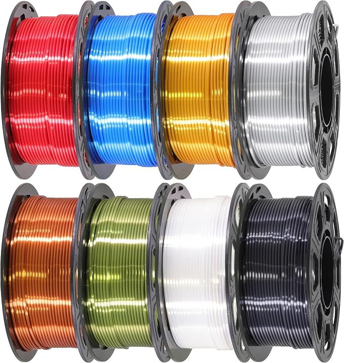 1.75mm Silk PLA 3D Printer Filament Bundle, 8 Silk Shiny Colors: Gold/Silver/Copper/Bronze/Black/White/Red/Blue, Each Spool 250g, 8 Spools, Total 2Kg 3D Printing Material, 250g x 8 Spools