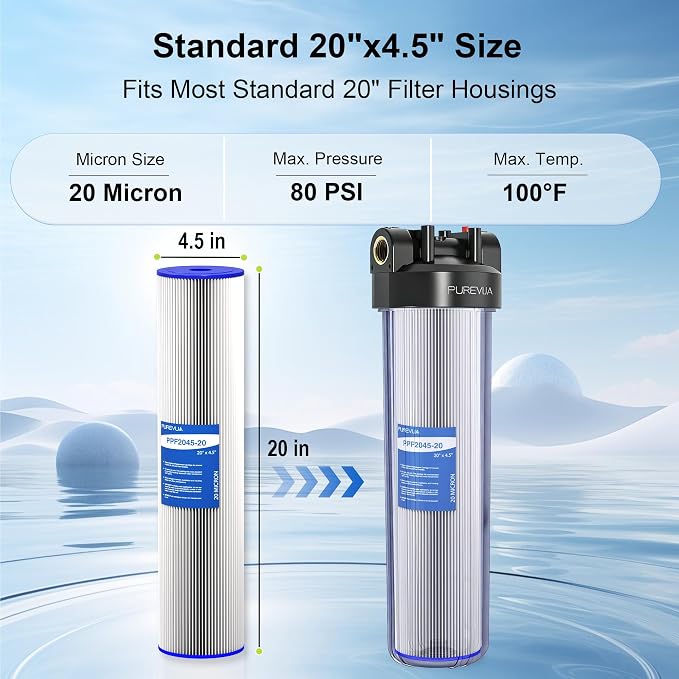 2-Pack 20" x 4.5" Pleated Sediment Water Filter Cartridge, 20 Micron High Flow Whole House Water Filter Replacement for Well Water, Compatible with ECP20-20BB, SPC-45-2020