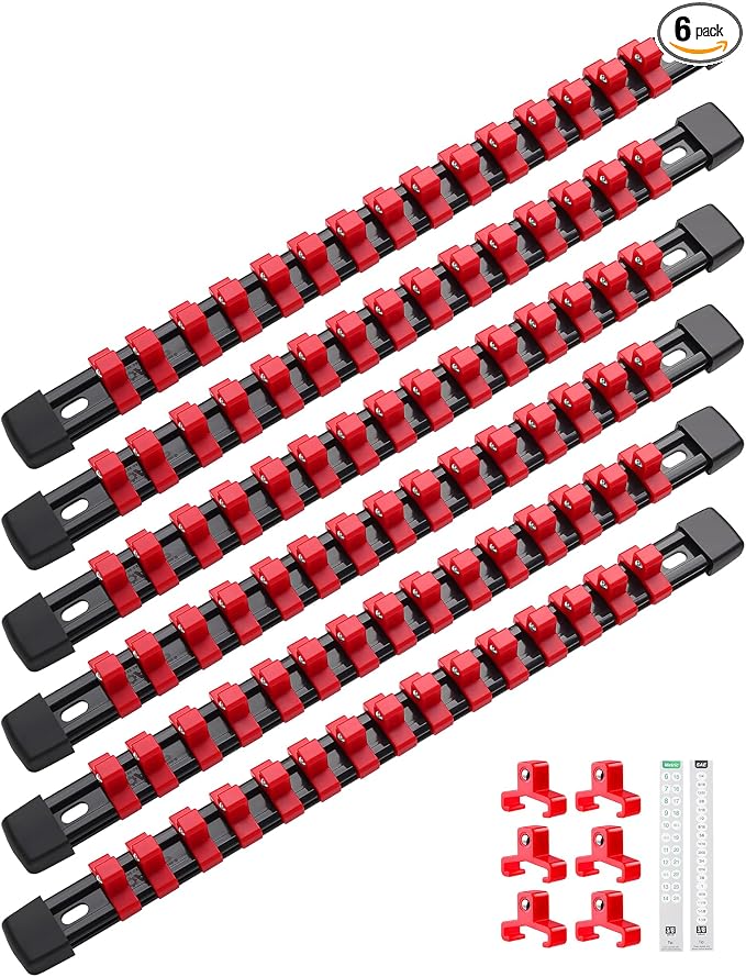 ALOANES 6PC ABS Socket Organizer, Socket Rails Fit 3/8 inch Drive | Portable Heavy Duty Socket Holders Hold up 90 Sockets for Toolbox Drawer Bags(Red)
