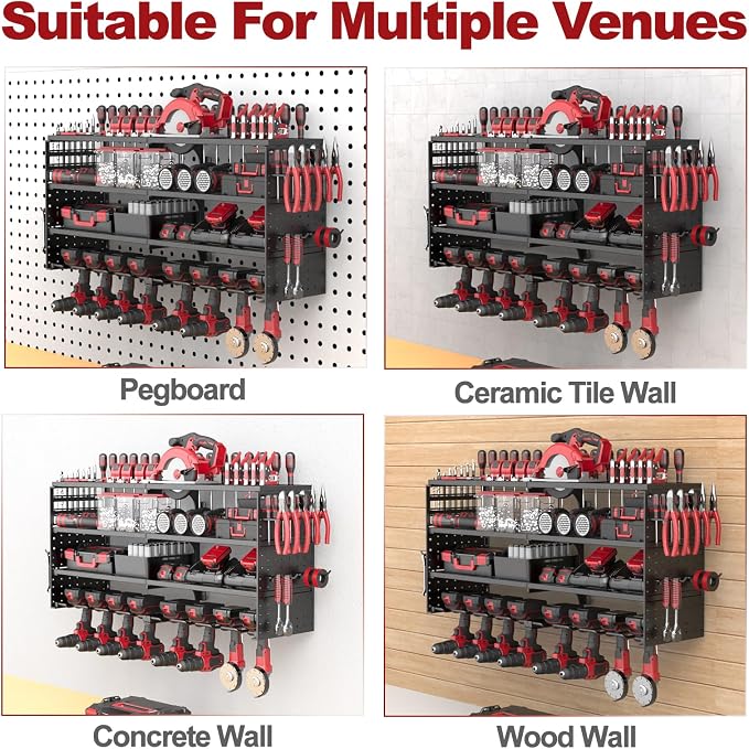 4 Tier Power Tool Organizer Wall Mount, 8 Cordless Tool Rack, 320LBS Heavy Duty Power Tool Storage Rack, Holds 50+ Tools with Side Pegboards for Garage Workshop Warehouse Organization