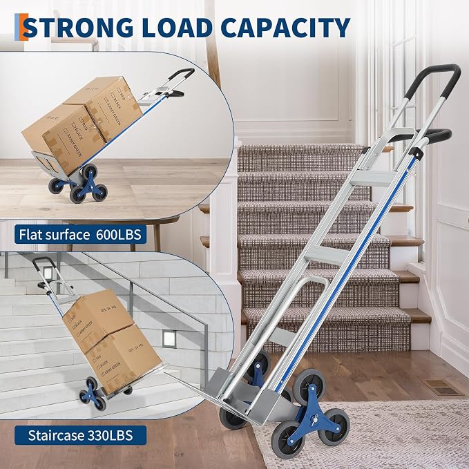 Aluminum Stair Climbing Cart,600 LBS 2 in 1 Heavy-Duty Aluminum Hand Truck with Extendable Base Plate, Dual Handles, 6 Wheels & 2 Elastic Ropes for Warehouse Shopping