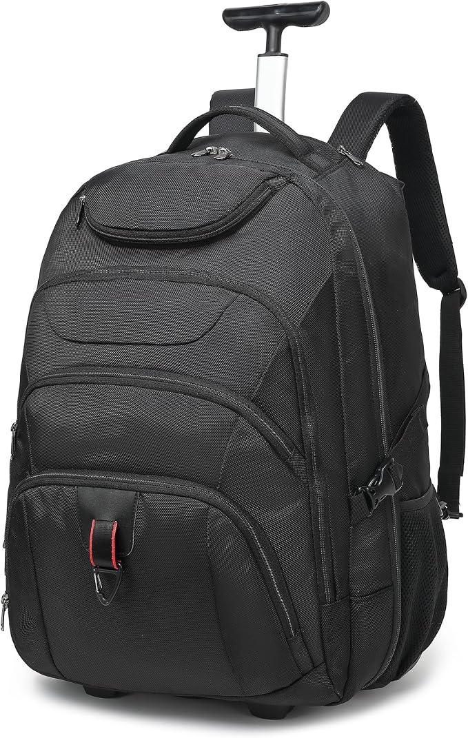 Boavan Wheeled Backpack,18.4 inch Water Resistant Rolling Backpack,Carry on Luggage Business Bag, Overnight College Computer Backpacks Trolley Suitcase for Men Women Adults to Travel，Black