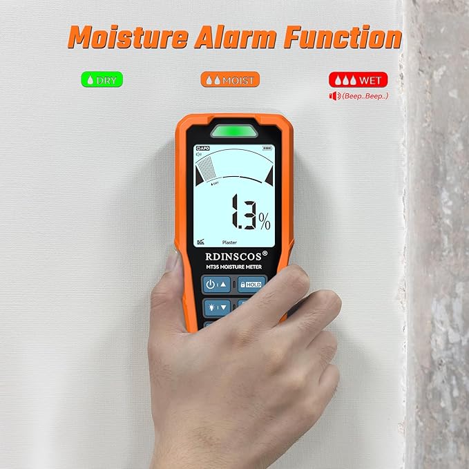 Pinless Moisture Meter for Walls and Wood | Non-Destructive, For Drywall, Concrete & Flooring, Rechargeable, Digital Moisture Tester