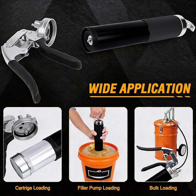Heavy-duty handheld grease gun set, 14 oz capacity, equipped with a spring hose, 90° grease nozzle, dual-handle locking pliers, and other accessories, suitable for machinery, automobiles, and boats.