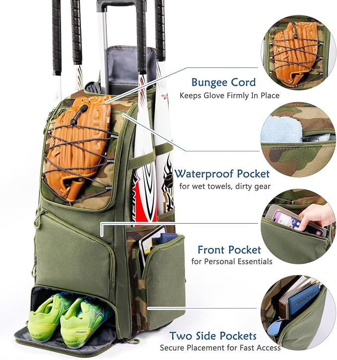 Large Rolling Baseball Catchers Gear Bag with Wheels, Softball Bag with Hard Backing for 4 Bats,Equipment Bag with Separate Shoe & Helmet Compartments, Youth Baseball Bag with 360° Spinner Wheels