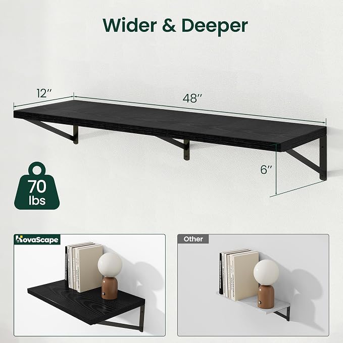 Floating Shelves 12 Inch Deep, 48W x 12D Wall Shelf Set of 2, 70 lbs Heavy Duty Reversible Metal Brackets, Deep Industrial Book Shelf for Living Room Kitchen Bath Bedroom Coffee Bar, Black