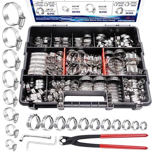 255PCS Hose Clamp Assortment 304 Stainless Steel Hose Clamp Kit,8 Sizes 1/4"-2"(6-51mm) Worm Gear Hose Clamps and 11 Sizes 0.24''-1.3''(6-33.1mm) Single Ear Hose Clamps Kit for Pipe Hose