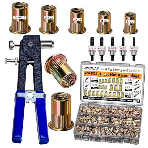 ASKWAY SAE Pressure Rivet Nut Tool Kit 420pcs, SAE Thread Rivet Nuts Kit | 420pcs SAE Rivet Nut Assortment Kit (5/16-20, 1/4-20, 10-24, 8-32, 6-32) ,Carbon Steel Rivet Nuts; Includes Rivet Nut Tool.