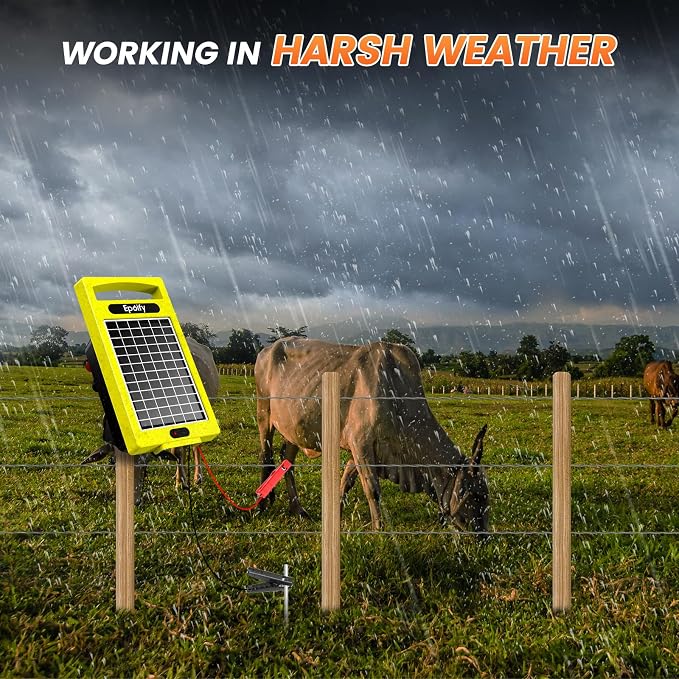 24 Hour Solar Electric Fence Charger, 20 Miles, Up to 10200v Output Range Electric Fence Charger, 0.32J Portable Energizer with Solar Panel for Livestock & Predator Protection