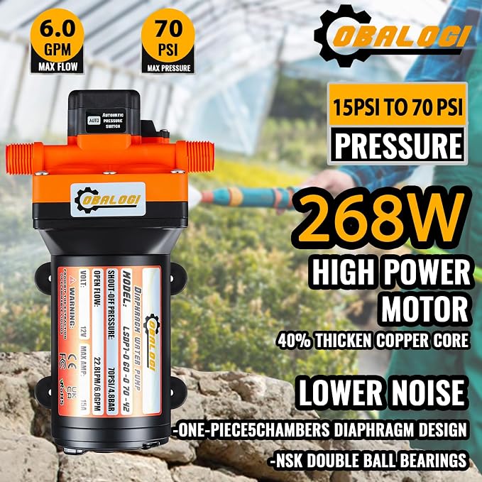 RV Fresh Water Pump 12V DC 6.0GPM 70PSI with Automatic Pressure Switch, Self Priming Diaphragm Pump for RV Marine Yacht Agricultural Irrigation, 3/4 Inch Garden Hose Adapters Included