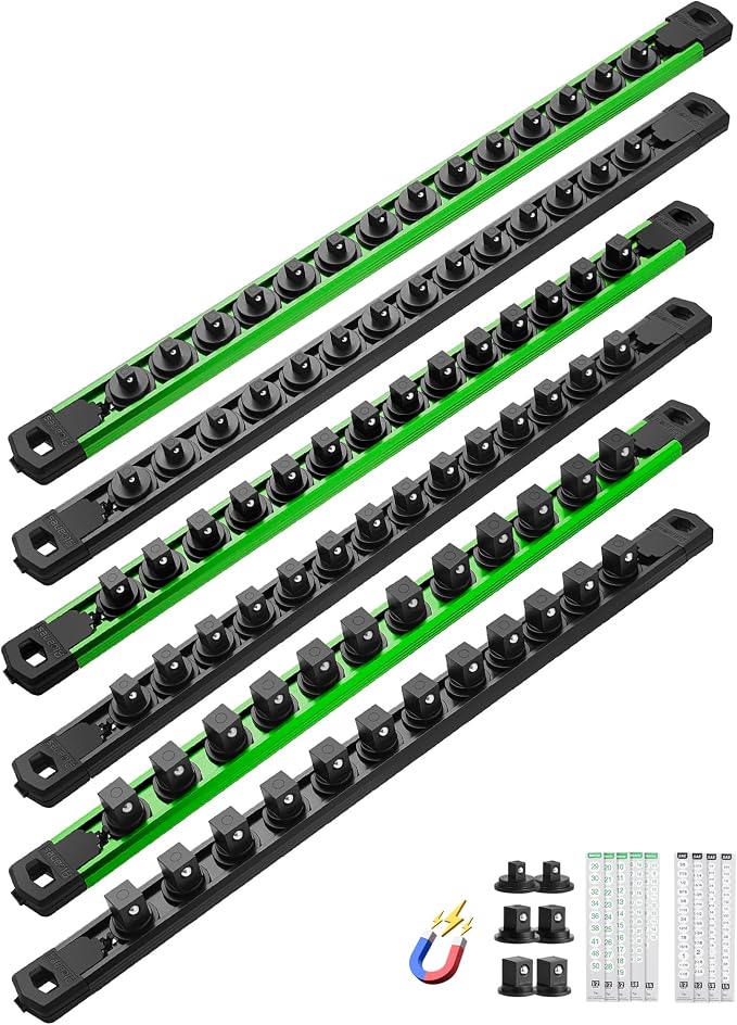 ALOANES Magnetic Socket Organizer Set, 6PC Heavy Duty Aluminum Socket Holder Organizer, 360° Swivel Clips Socket Holder Kit for Toolbox Drawer Fit 1/2, 3/8, 1/4-Inch x 80 Clips (Green&Black, 6PC)