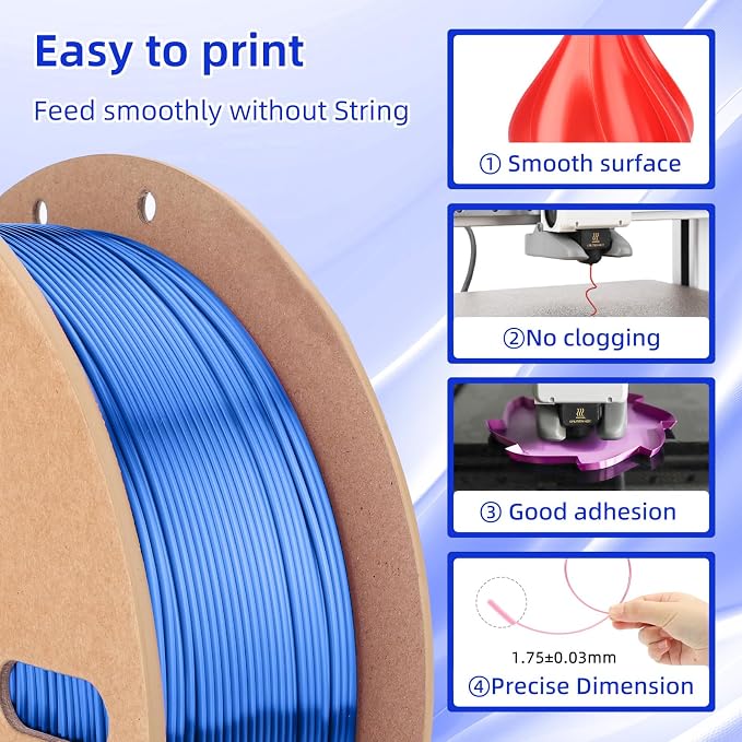 3DHoJor Silk PLA Filament 1.75mm, PLA Filament 1.75mm Silk Shiny 3D Printer Filament, 1kg*2 Cardboard Spool, Dimensional Accuracy +/- 0.03 mm, Fit Most FDM Printer(Silk Red+Blue)