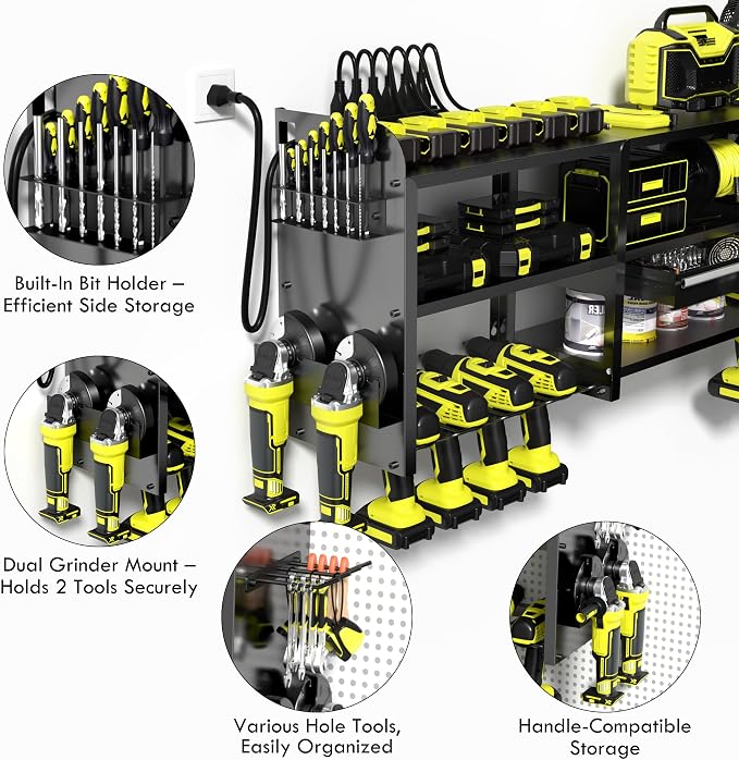 KSVO Large Power Tool Organizer Wall Mount with Locking Drawers, Grinder Holder, Hammer & Pliers Rack, & 6-Outlet Charging Shelf – Heavy Duty Metal Tool Storage for Garage & Workshop (black-new)