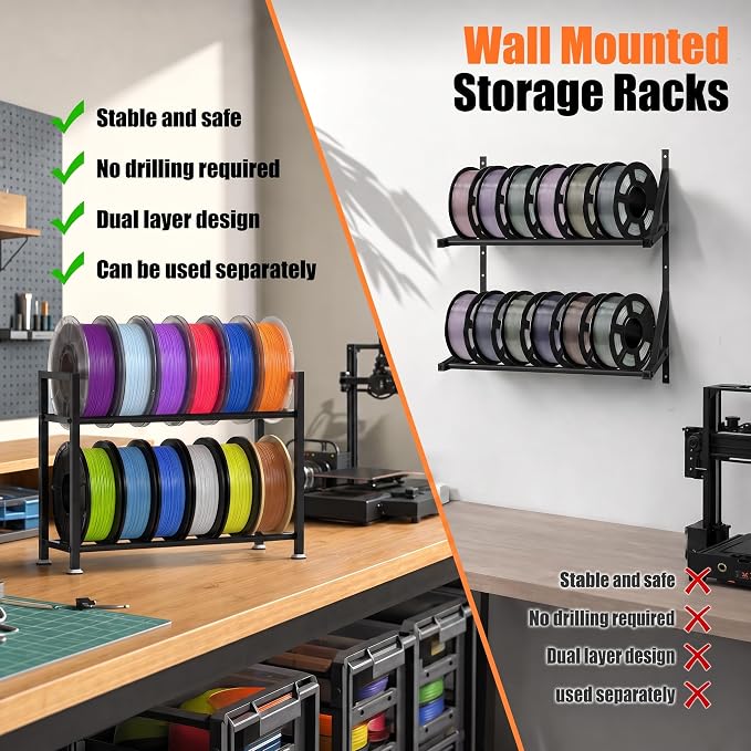 3D Printer Filament Rack Desktop, 2-Tier Metal Spool Holder Organizer | Heavy Duty 3D Filament Storage Rack for 3D Printing PLA/ABS/TPU Filaments, for Home, Office, Workshop, Studio