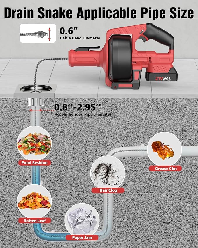 Ublue 21V Cordless Electric Drain Auger, 25Ft Auto Feed Drain Snake for Clog Remover with 2.0Ah Battery, Plumbing Snake for Sink Toilet Bathroom Shower Pipes 3/4"-2.95", Included Bag Gloves Rag