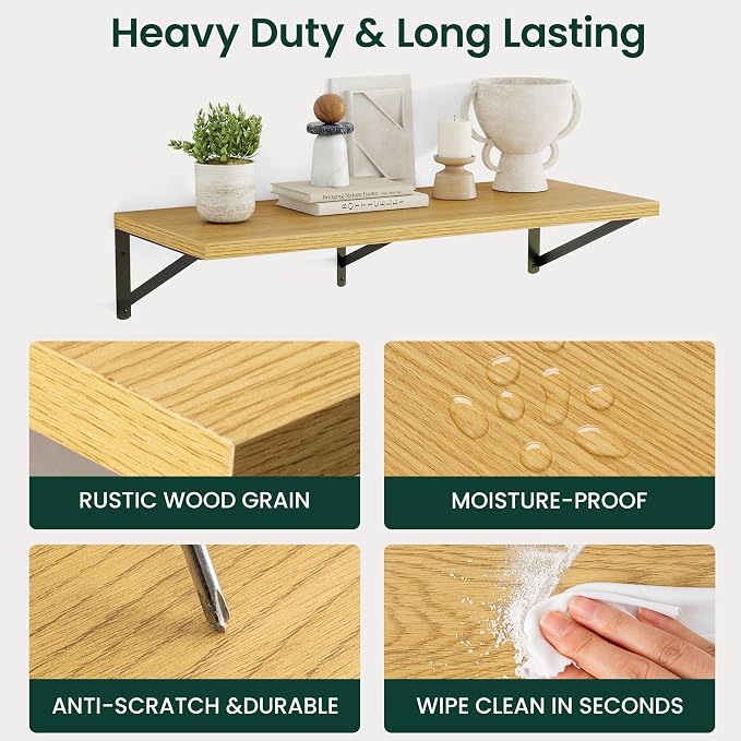 Floating Shelves 12 Inch Deep, 24W x 12D Wall Shelf Set of 2, 50 lbs Heavy Duty Reversible Metal Brackets, Deep Industrial Book Shelf for Living Room Kitchen Bath Bedroom Coffee Bar, Oak