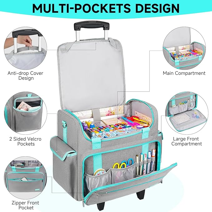 Rolling Craft Bag, Craft Bag with Wheels for Scrapbook Supplies, Large Scrapbook Tote with 15.6'' Laptop Sleeve, Rolling Art Supply Storage for Scrapbooking Tools, Gray