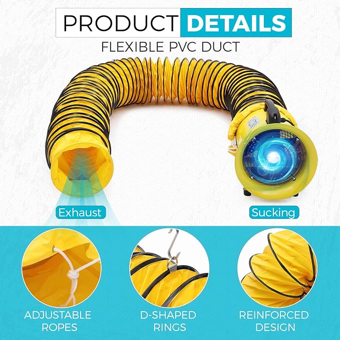 8 Inch Utility Blower Fan | 3300 RPM High Speed, Heavy Duty, IP44 Waterproof Extractor, 33 ft PVC Duct Hose, Industrial Portable Exhaust Ventilation