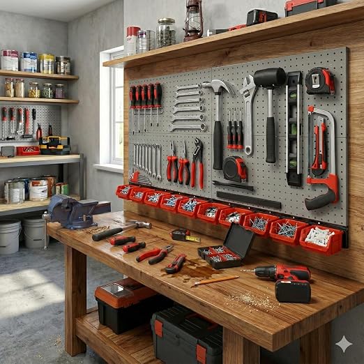 Peg Board Wall Organizer, Gray Metal Pegboard Organizer, 4 Metal Pegboard Panels(12"x24") with 55 Accessories, Wall Mount Large Peg Board Kit with Hooks, Bins for Home, Garage, Workbench