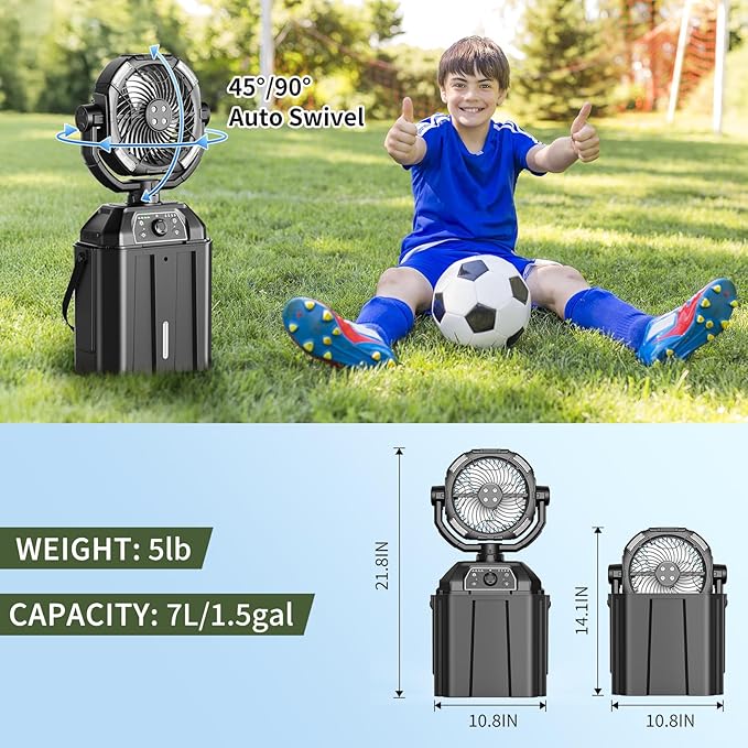 Portable Misting Fan Rechargeable for Hot Weather - 9-inch Auto Swivel Camping Fan with 25000mAh USB Battery as Power Bank, Outdoor fan with 4 Mist Cooler, 7L Bucket for Patio,Yard,Beach,Golf (Black)
