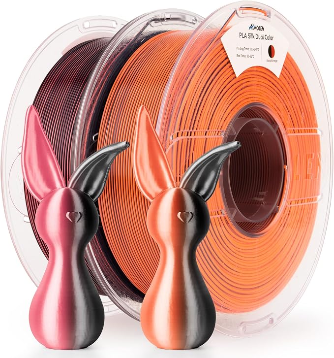 AMOLEN Silk PLA 3D Printer Filament Bundle 2KG, Dual Color PLA 1.75mm Pack, Shiny Color Change 3D Printing PLA Filament for Most FDM 3D Printer, Black Orange & Black Pink, 1KG X 2 Spools