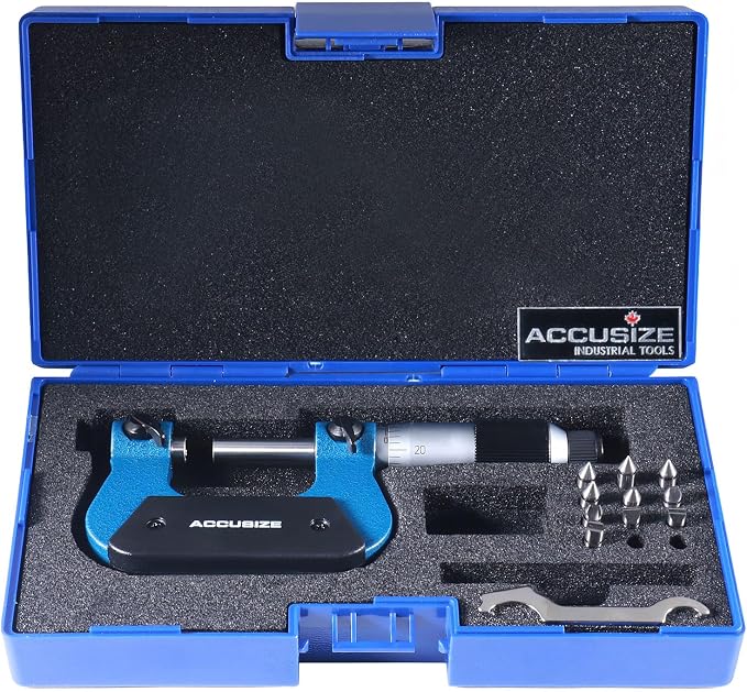 Accusize Industrial Tools 0-1'' by 0.001'' Screw Thread Micrometer with 5 Anvil in Fitted Box, S916-C750 | 5 Anvil Sets: 64-48, 44-28, 24-14, 13-9, 8-5 TPI, 0.0001" Resolution, ±0.00016" Accuracy