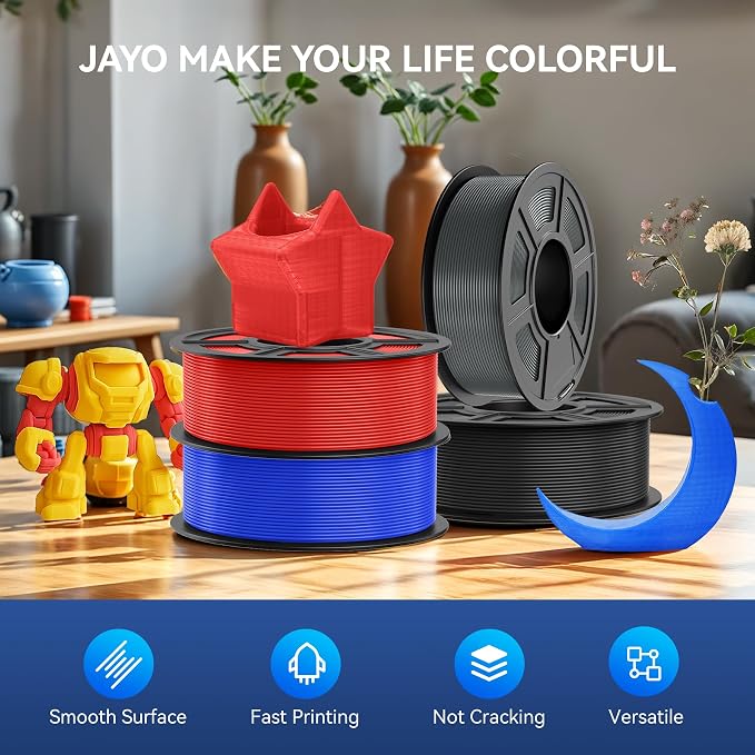 JAYO High Speed PLA Filament 1.75mm 4.4KG Bundle, Rapid PLA 3D Printer Filament for Fast Printing up to 600mm/s, Dimensional Accuracy +/- 0.02mm, 4 Pack 1.1kg Spool (Yellow, Pink, Green, Red)