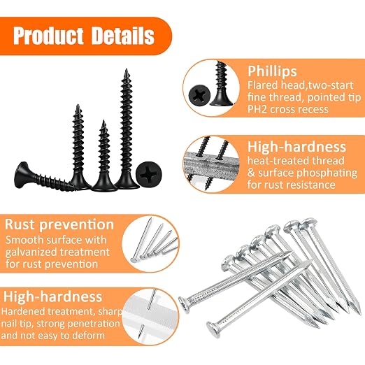 Dianrui Nails & Wood Screws Assortment Kit, 320 PCS #6#8 Philips Black Drywall Screws Set and High Hardness Hardware Small Nails for Picture Hanging/DIY Repair Project Length 1/2" to 2"