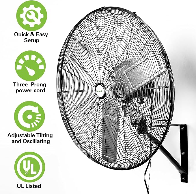 hykolity 30 inch High Velocity Industrial Wall Fan, 9500 CFM 3-Speed Wall Mount Oscillating Fan, Heavy Duty Shop fan for Garage, Warehouse, Workshops, Commercial and Factory, UL Listed, 2 Pack