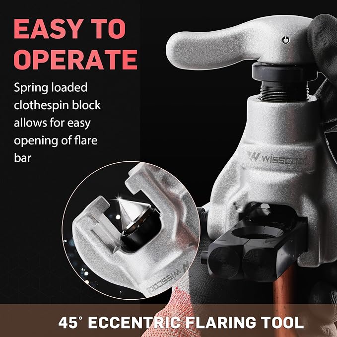 Wisscool Flaring Tools Set with 7 Dies Sizes 3/16-3/4 inch 45 Degree Angle Eccentric Cone for Copper Brass Aluminum Mild Steel HVAC Refrigeration Plumping Work