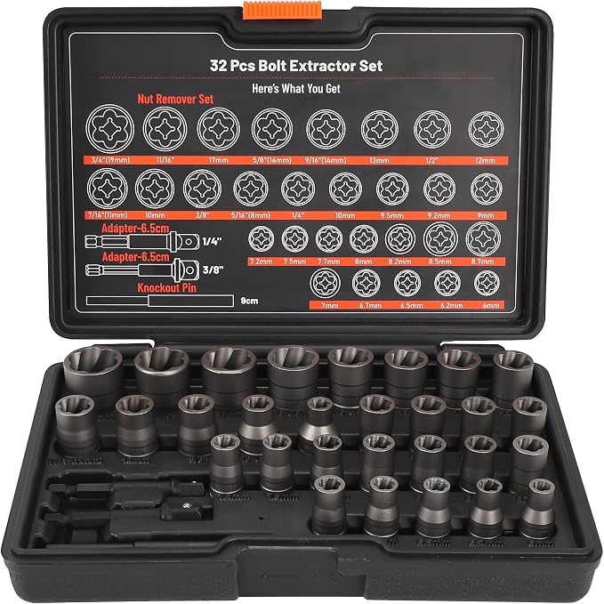 Bolt Extractor Set, 32Pcs Stripped Bolt Remover Lug Nut Extractor Set, Lug Nut Remover for Broken Damaged Rounded-Off Bolts, Nuts, Bolts, Studs, Threaded Tubes