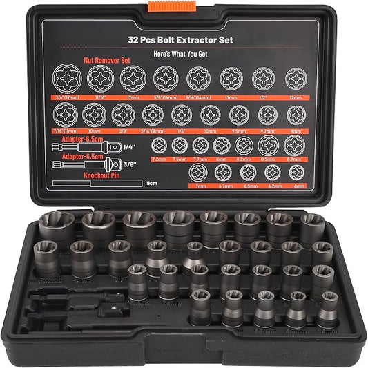 Bolt Extractor Set, 32Pcs Stripped Bolt Remover Lug Nut Extractor Set, Lug Nut Remover for Broken Damaged Rounded-Off Bolts, Nuts, Bolts, Studs, Threaded Tubes