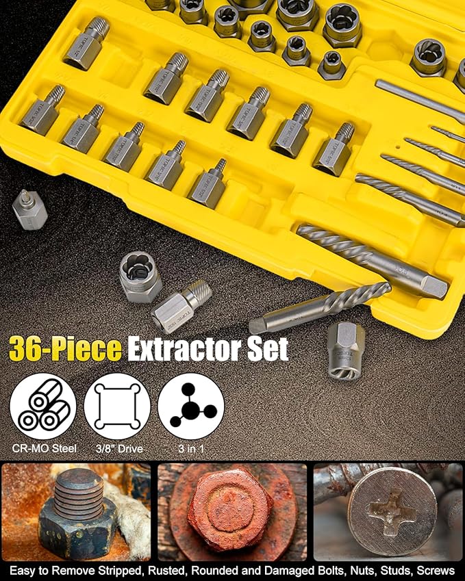 Topec 36Pcs Screw & Bolt Extractor Kit, 3-in-1 Easy Out Screw Extractor Set, 3/8" Drive Broken Bolt Extractor Socket Set, for Damaged, Rounded, Stripped Screw Removal