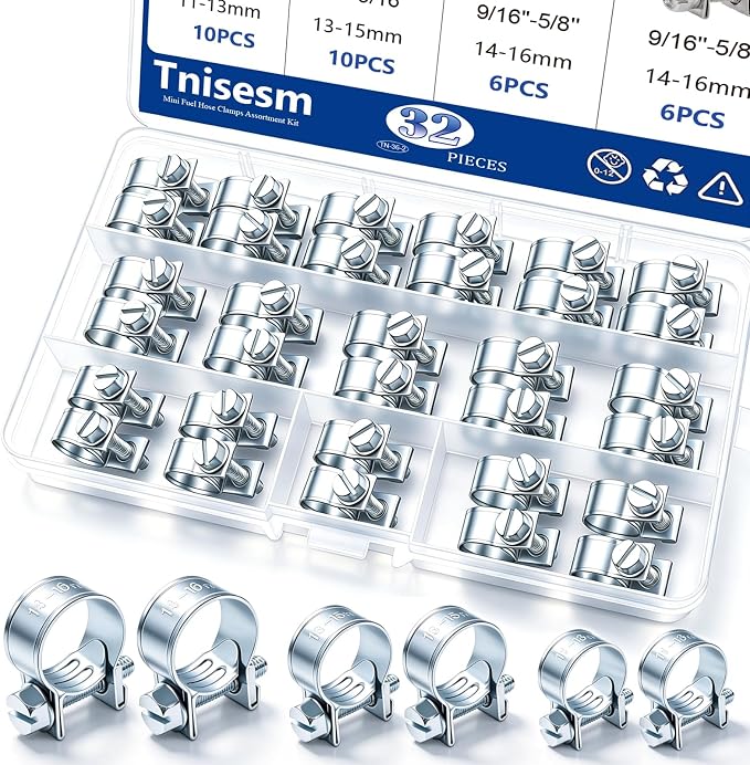 Tnisesm 32Pcs 1/4" 5/16" 3/8" Fuel Injection Gas Line Hose Clamps Clip Pipe Clamp Assortment Kit, Hoses Clamps Sleeving,for Automotive Diesel Petrol Pipe