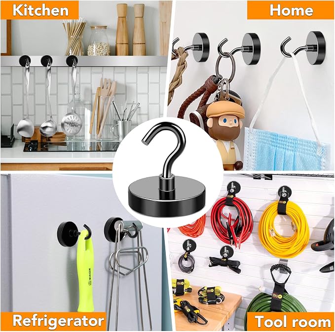 MIKEDE Magnetic Hooks Heavy Duty 170LB+ Strong Black Magnets Hook | Rare Earth Neodymium Hooks with Epoxy Coating Cruise Magnets with Hook for Hanging Refrigerator Garage 6 Pack