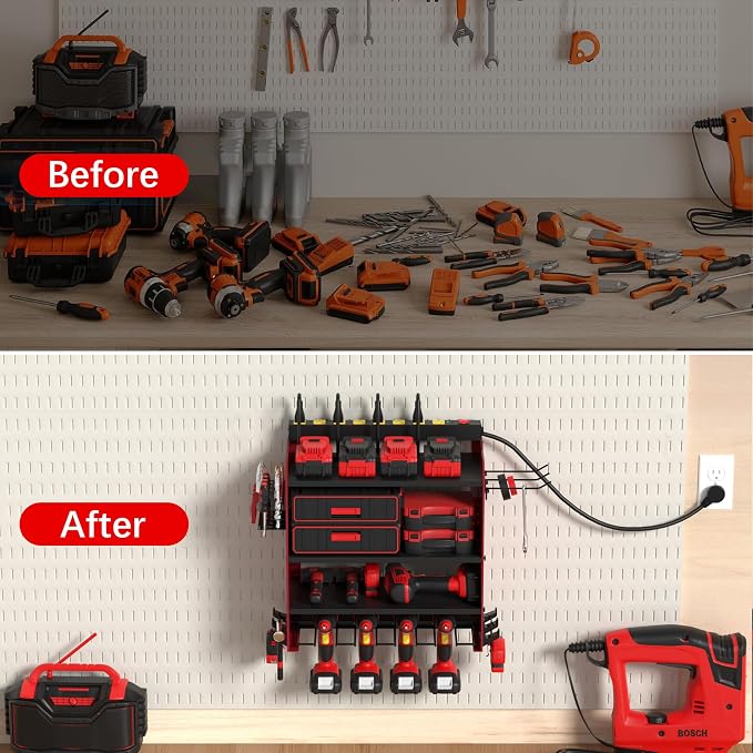 Power Tool Organizer Wall Mount with Charging Station & 8 Outlet,4 Layer Heavy Duty Metal Rack Loads 260lbs for Garage Organization,4 Cordless Drill Holders,Day Gift for Men,Dark Red
