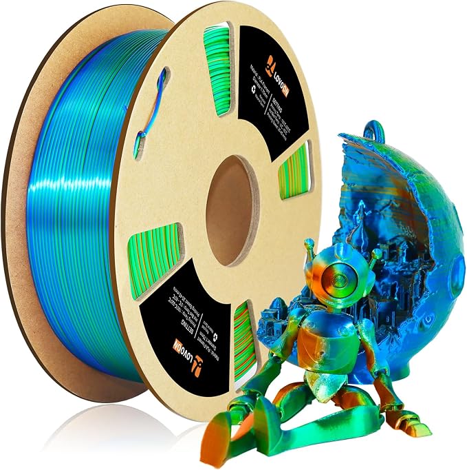 LOVOON PLA 3D Printing Filament 1.75MM Silk tricolors, Color Change by Angle Multicolor pla filaments Fit Most FDM Printers and 3D Pen, Silk Orange/Green/Blue, 1KG(2.2lb)/Spool