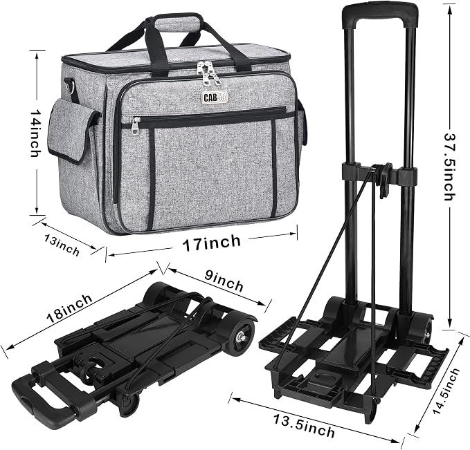 CAB55 Rolling Sewing Machine Case, Detachable Rolling Sewing Machine Carrying Case on Wheels, Trolley Tote Bag with Removable Bottom Wooden Board for Most Standard Sewing Machine and Accessories