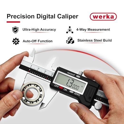 werka Digital Caliper, Calipers Measuring Tool, Auto-Off Micrometer Caliper with 0.001”High-Accuracy,Inch/Fraction/Millimeter Conversions Button,4 Measuring Ways, Stainless Steel (12 Inch)