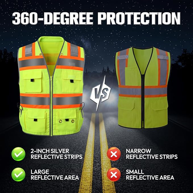 Surveyor Safety Vest with 8 Pockets, ANSI Class 2 High Visibility Vest for Men & Women