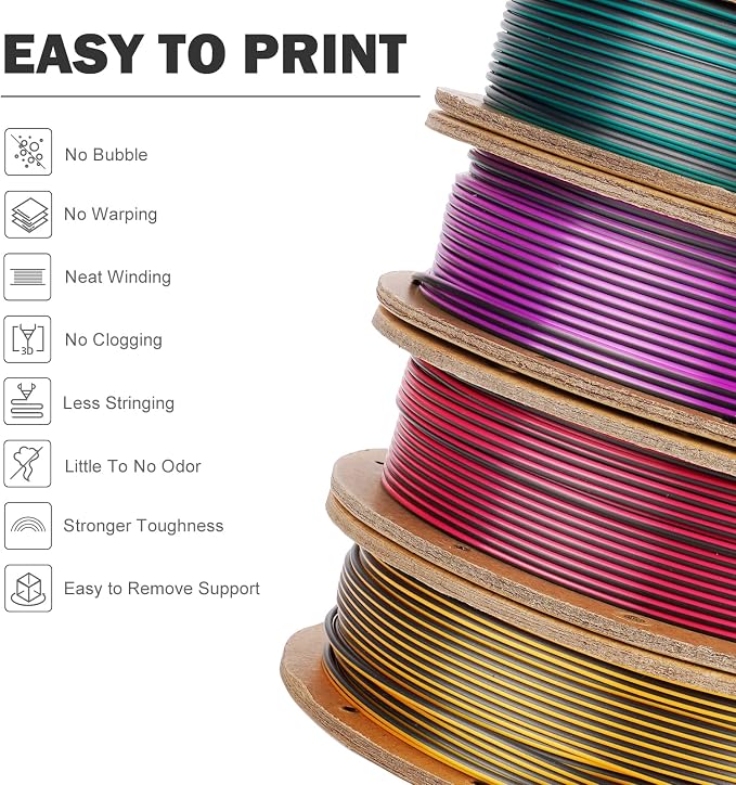 ERYONE PLA Filament 3D Printer Filament Bundle Multicolor 1.75mm +/- 0.03mm, PLA Filament 250g Spool, 4 Rolls, Silk Dual Color 3