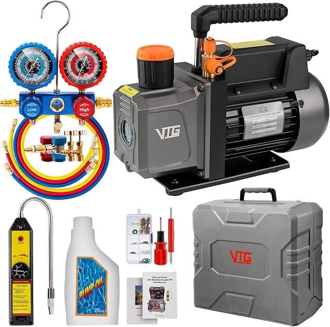 VTG VOGTEN 4.5 CFM AC Vacuum Pump and Gauge Set,for Mini Split/HVAC/Auto Systems,Manifold Gauge Kit Fits R134a R22 R410a R404a,with Leak Detector,Upgraded Trifold Storage Case,3 Hoses,R134a Can Tap