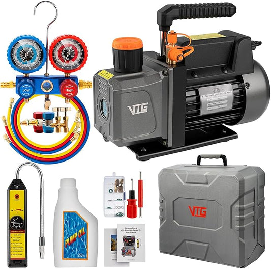 VTG VOGTEN 4.5 CFM AC Vacuum Pump and Gauge Set,for Mini Split/HVAC/Auto Systems,Manifold Gauge Kit Fits R134a R22 R410a R404a,with Leak Detector,Upgraded Trifold Storage Case,3 Hoses,R134a Can Tap