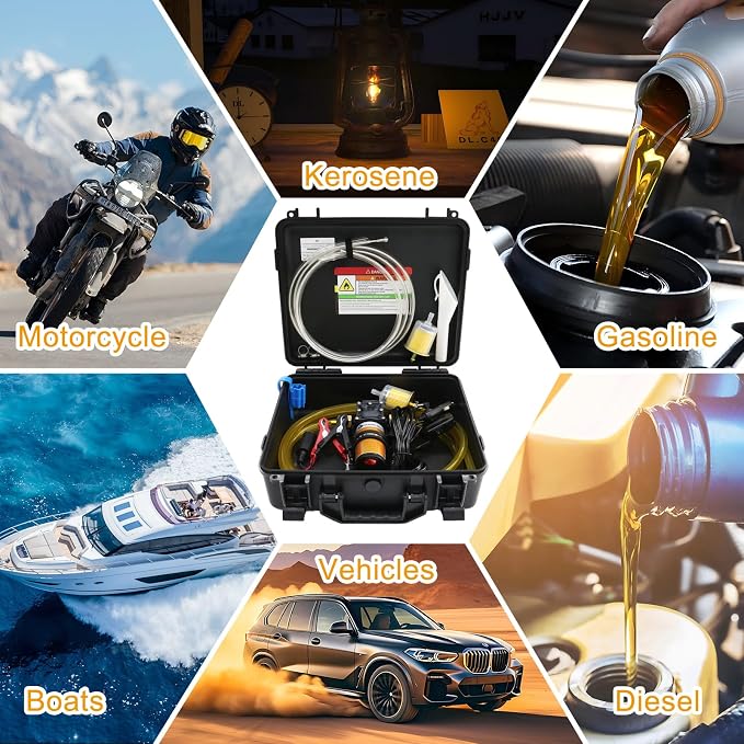 12V 75W Fuel Transfer Pump Set, gasoline transfer pump Moves Up to 110 Gallons Of Gas or Diesel Per Hour, with Patented Pulley Lead Pipe,for Vehicles, Boats, Equipment, UTV (110GPH, PRO SET)