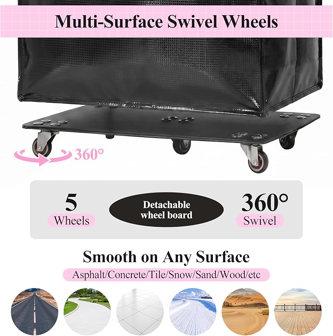 Reusable Grocery Bag on 5 Wheels, Rolling Shopping Bags with Removable Baseboard, Foldable Tote Cart for Groceries, Laundry, Organization, Moving (Black)