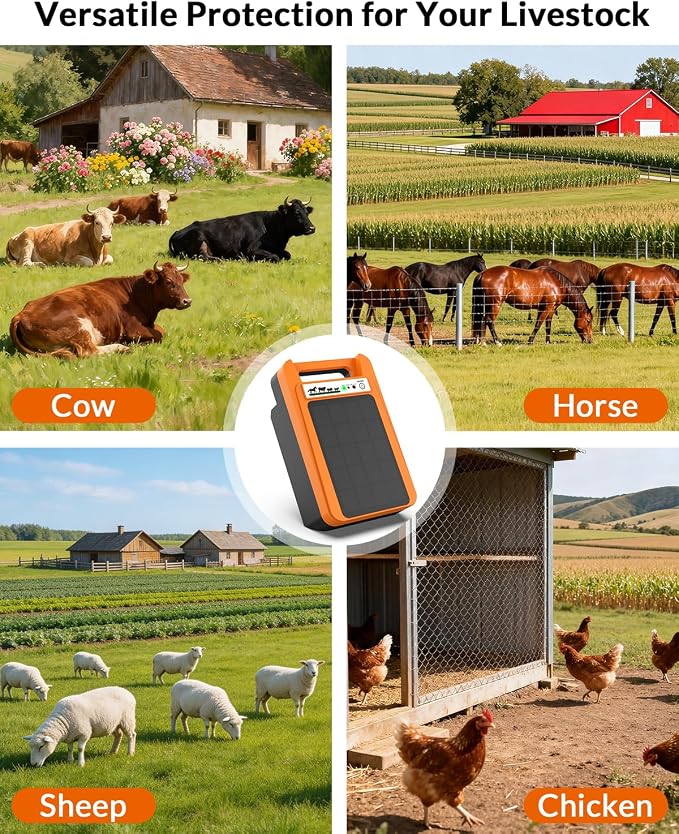 TEPU 10 Mile Solar Electric Fence Charger, 0.2J Output Portable Solar Fence Charger, 24-Hour Uninterrupted Protection, Operates Up to 14 Days Without Sunlight, for Livestock and Predator Protection