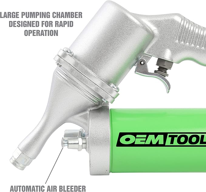 OEMTOOLS 87205 Pneumatic Grease Gun, Continuous Lubrication for Automotive and Industrial Equipment, 6000 PSI Air Grease Gun with 18 Inch Hose and Coupler, Supports Cartridge and Bulk Loading